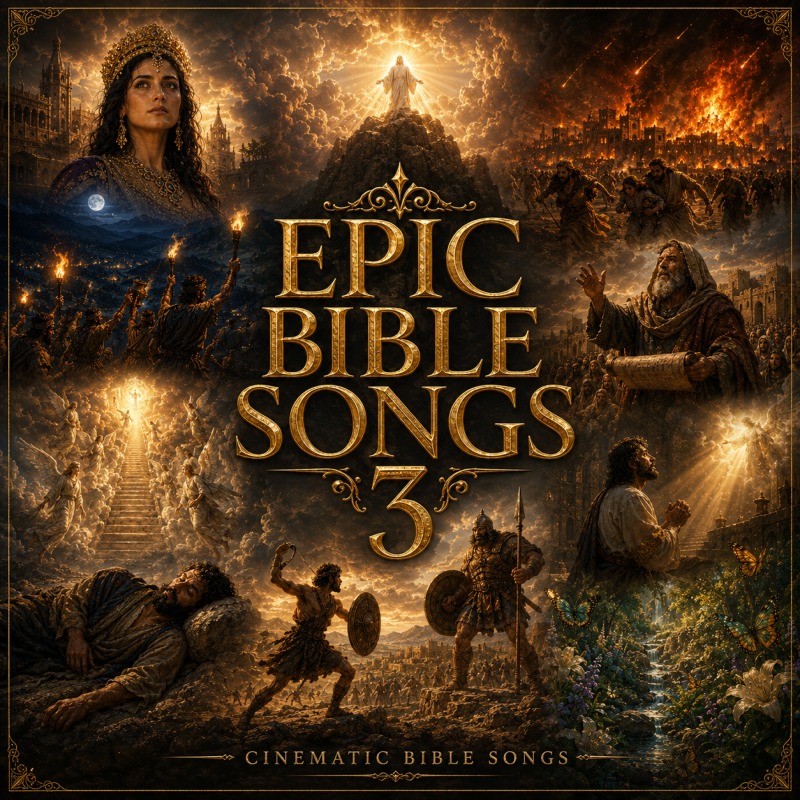 Epic Bible Songs 3 album artwork showing an open Bible beneath a dramatic sky