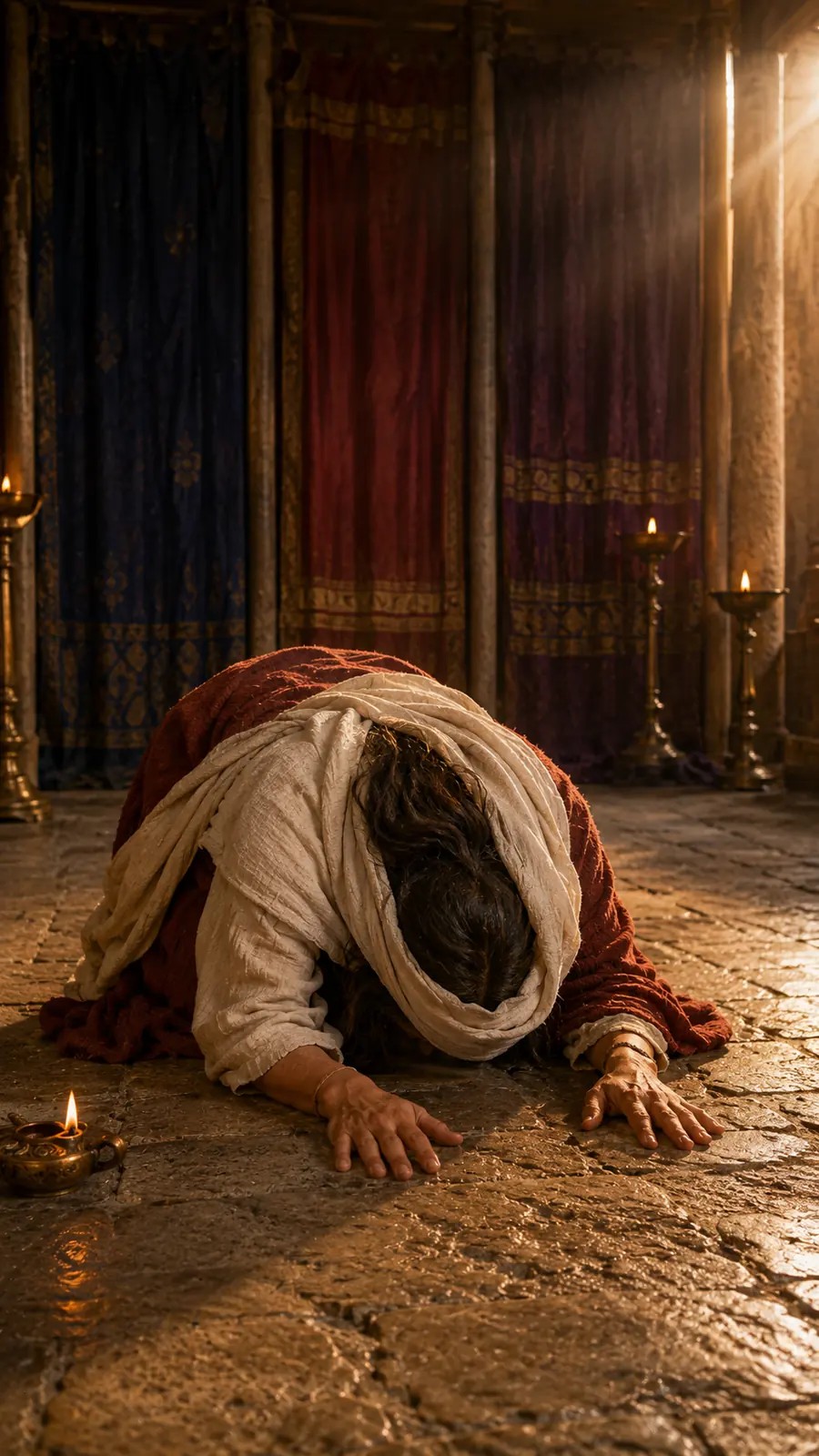 Hannah bows low in prayer inside the sanctuary, alone in the light of the lamps.
