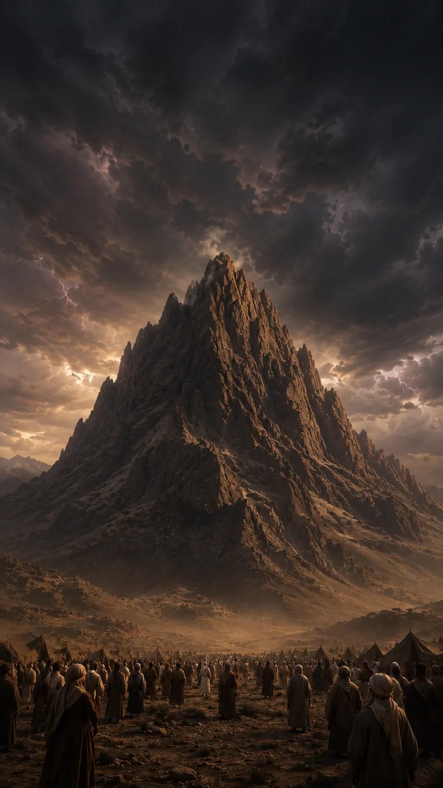 The people gather at the foot of Sinai while storm clouds, fire, and light surround the mountain above them.