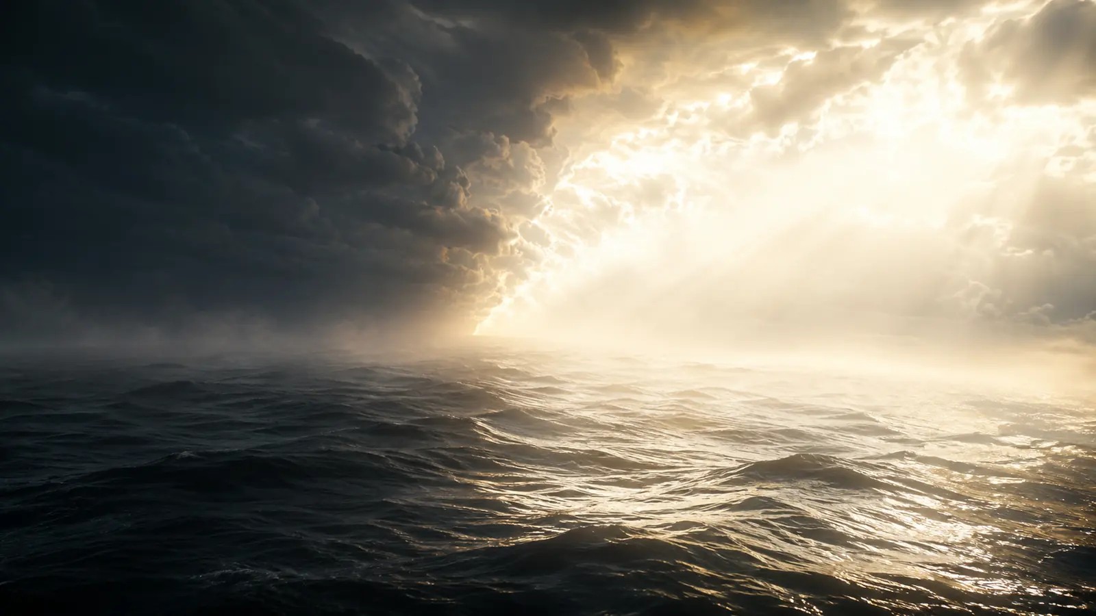 Warm light breaks through heavy clouds and spreads across the dark, restless water.