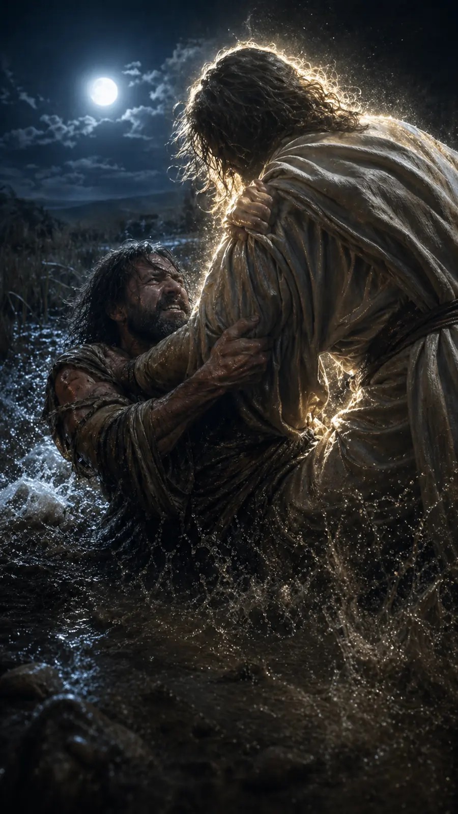 Jacob struggles through the night with a man beside the Jabbok, their clothes soaked by the river.