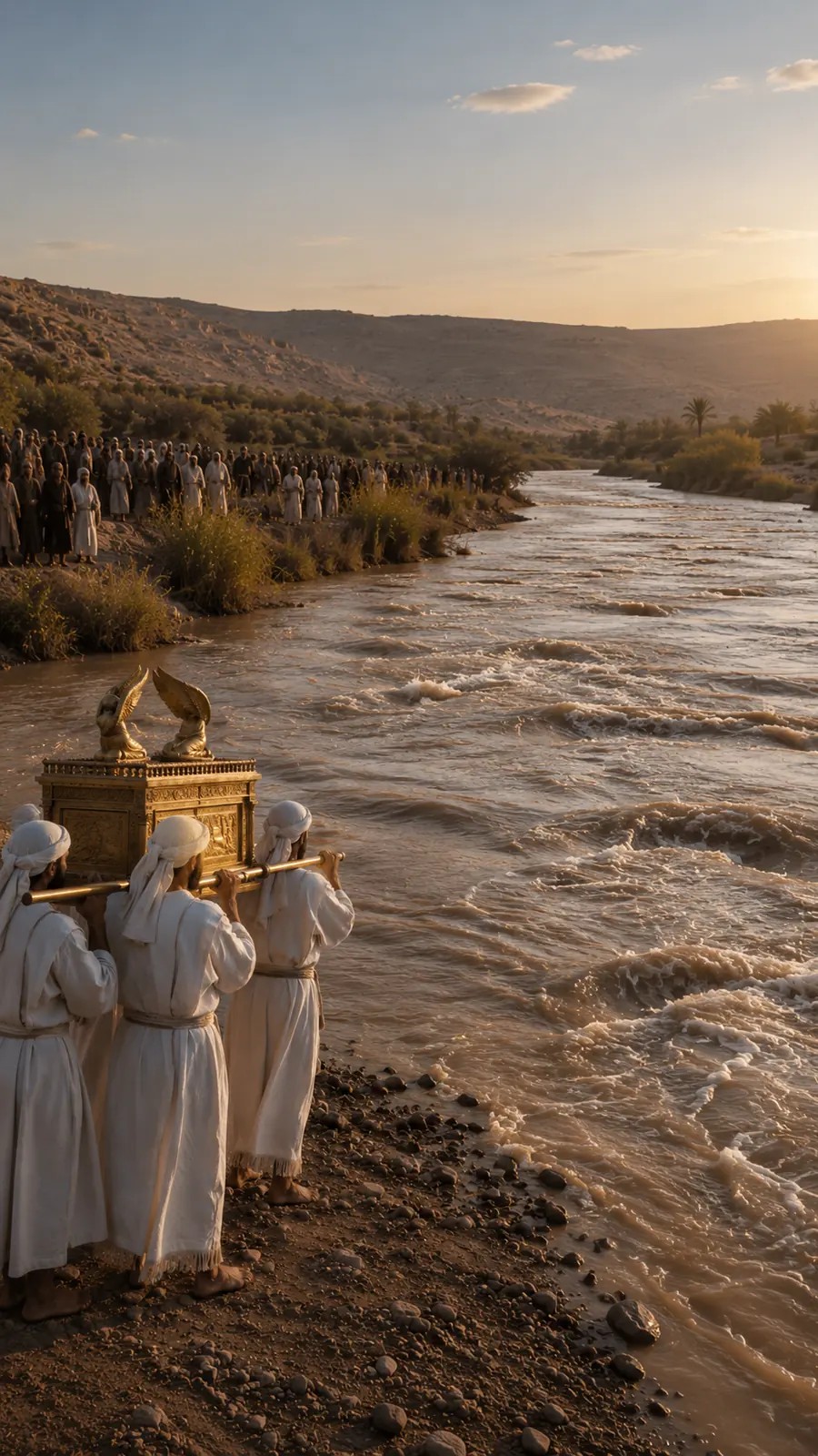 Los sacerdotes que llevan el arca se acercan al Jordán crecido mientras el pueblo espera en la orilla.