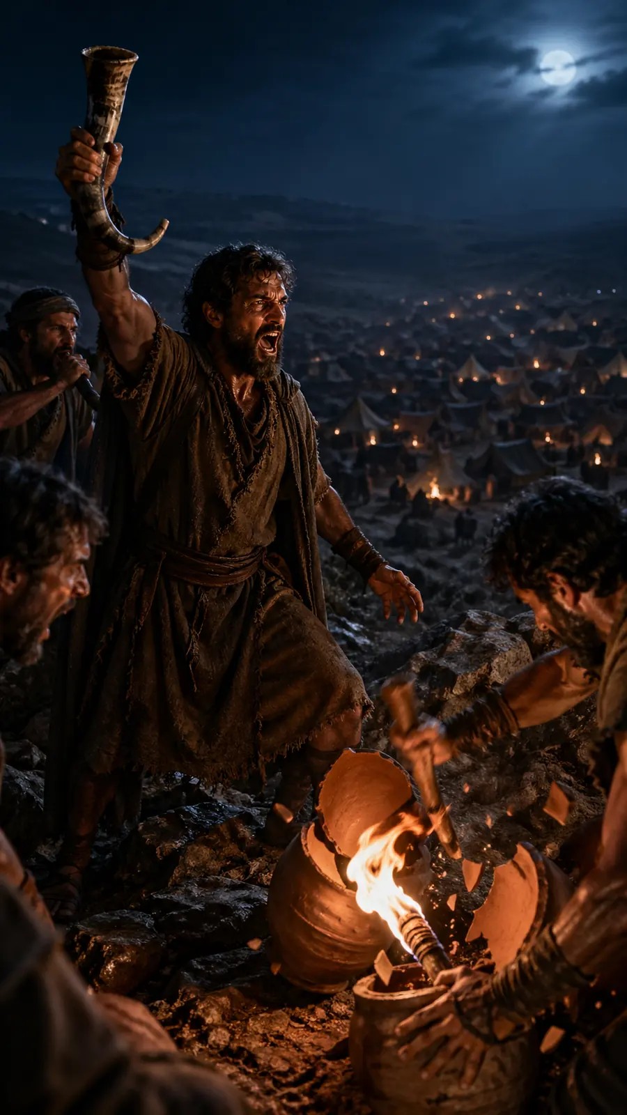 Os homens de Gideão tocam suas trombetas e quebram jarros de barro acima do acampamento inimigo na escuridão.