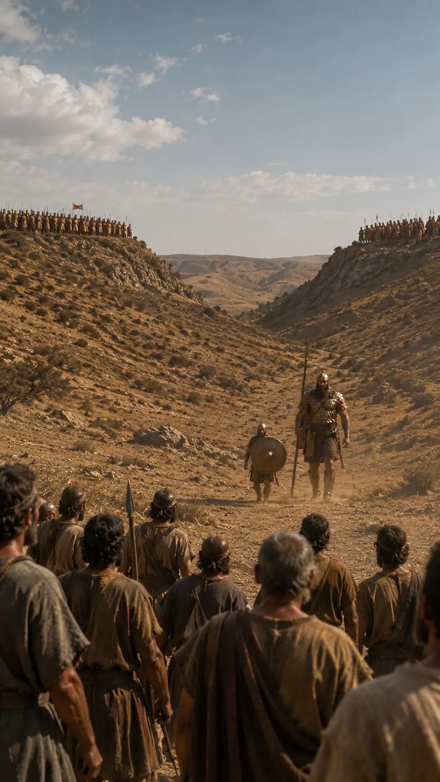 Golias e seu escudeiro avançam pelo vale enquanto Israel e os filisteus observam de encostas opostas.