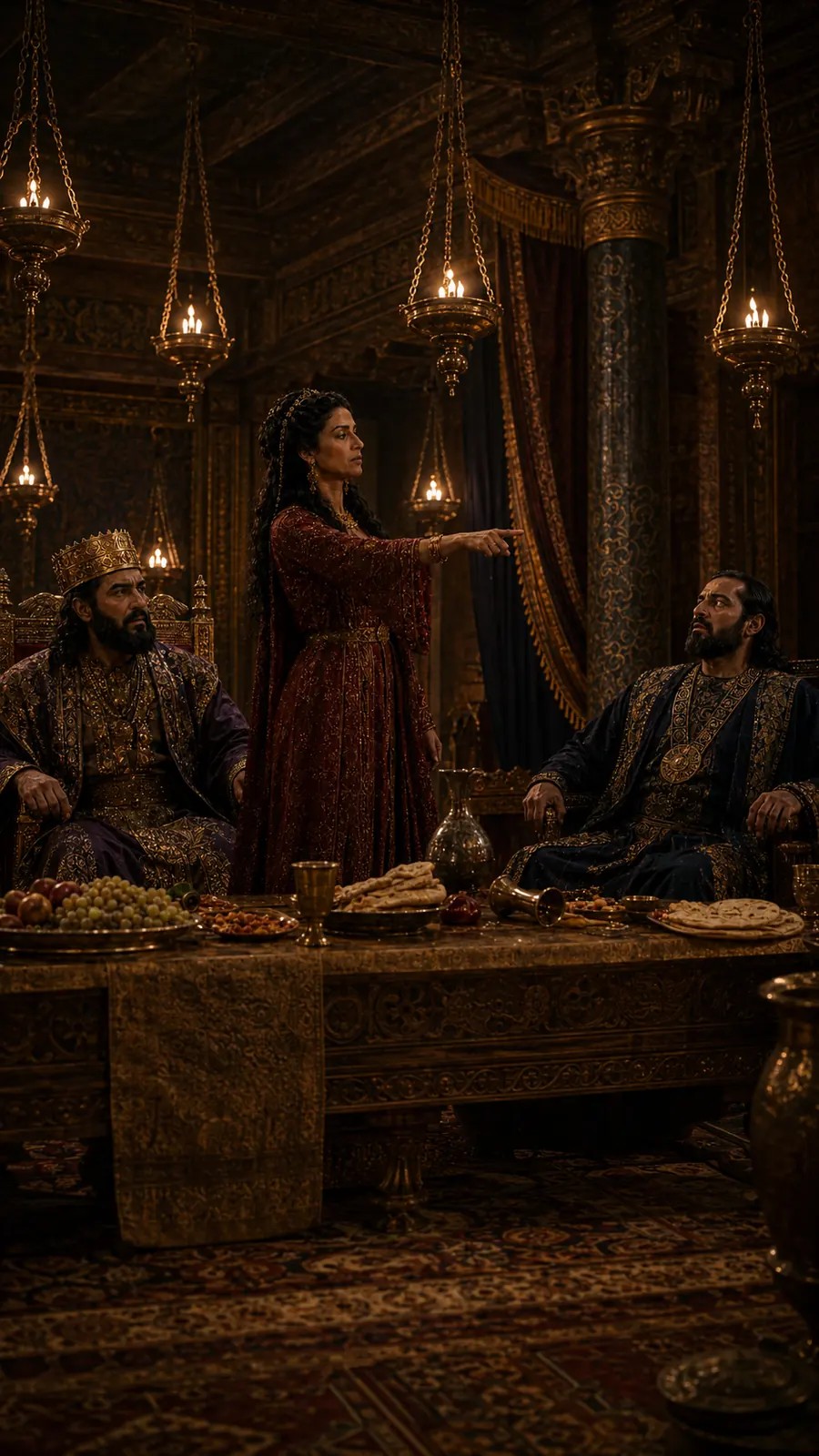 Ester se pone de pie junto a la mesa del banquete y señala a Amán mientras el rey escucha desde su asiento.