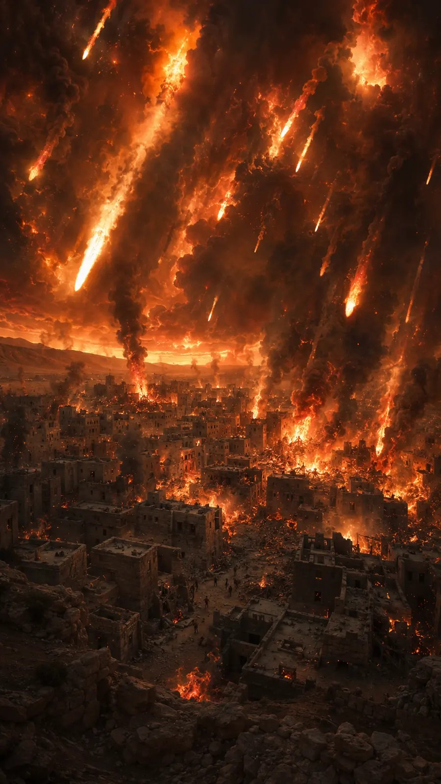 Fogo cai através de um céu escurecido pela fumaça enquanto a cidade arde na planície.