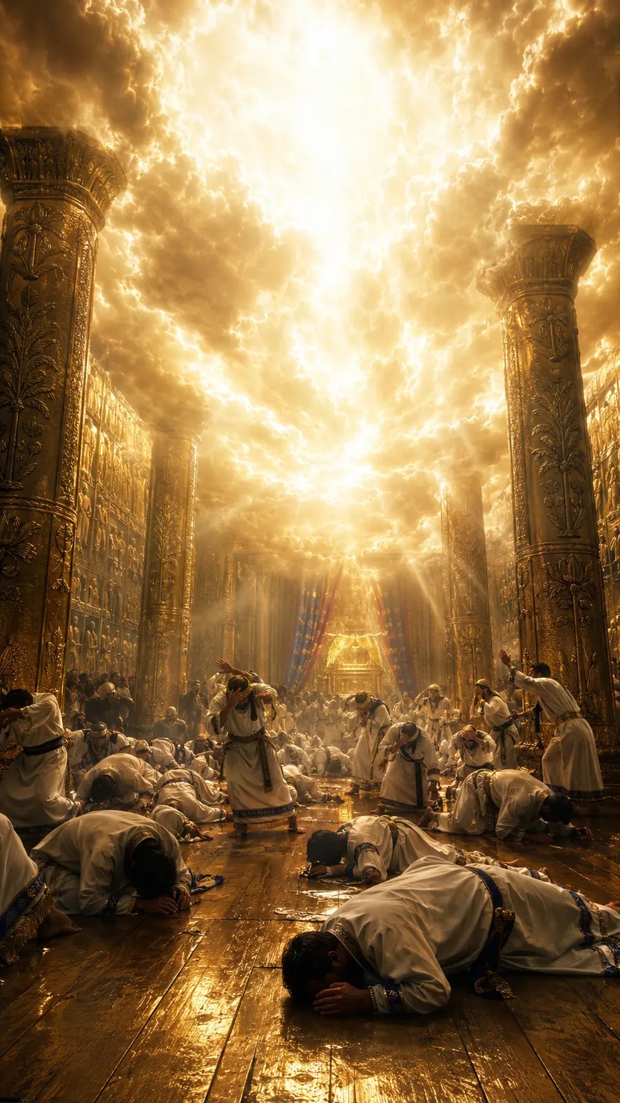 Yumuyuko ang mga sumasamba sa loob ng marangyang templo habang pinupuno ng maliwanag na ulap ang itaas na bahagi nito.