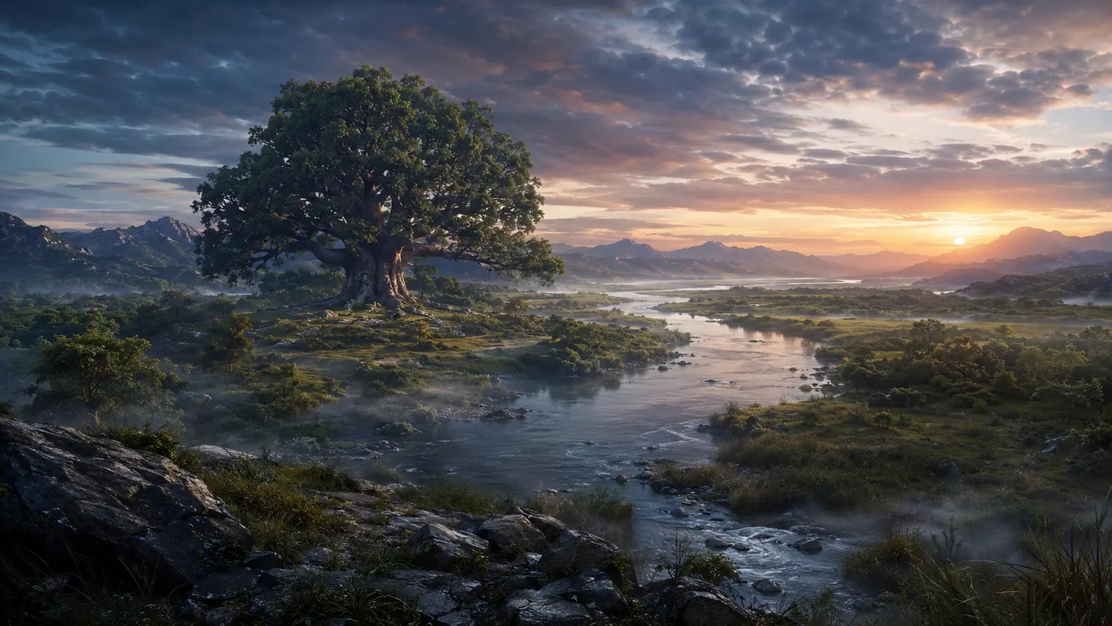 A broad river winds through green land beneath a vast sky, with a great tree rising near the water.