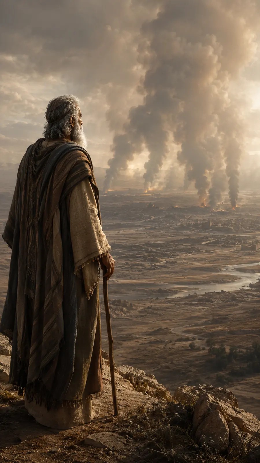 Abraham permanece en un lugar alto y mira las columnas de humo que se elevan sobre las ciudades destruidas.