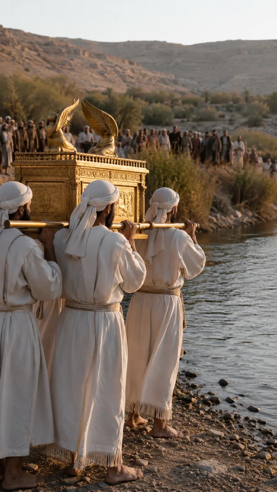 Los sacerdotes llevan el arca junto al Jordán mientras el pueblo termina de cruzar y se reúne en la otra orilla.