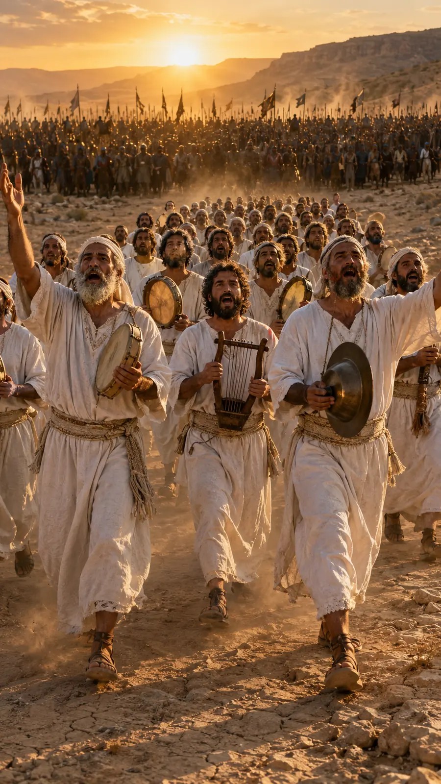 Singers and musicians walk at the front of Judah’s company while an armed force fills the valley behind them.